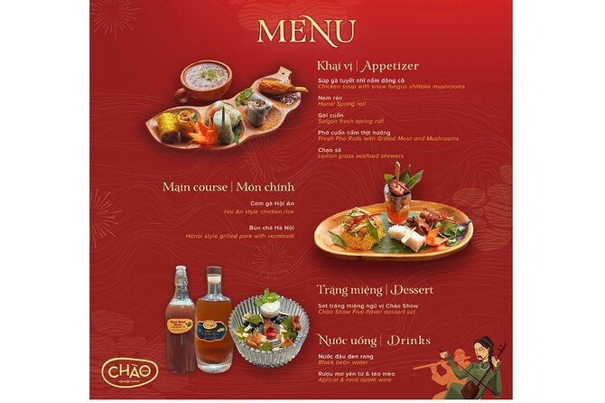 Ho Chi Minh: Chào Show with Dinner & Hotel Pickup - Dinner in the middle: a 9-dish North–Central–South set menu